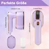 A marketing image showing the dimensions of a portable steam iron. Produktbild-Vorschau