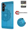 A blue flip case for a Samsung Galaxy A05s phone, with decorative mandala patterns and a magnetic closure. Produktbild-Vorschau