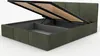 A khaki upholstered bed frame with the mattress support lifted, revealing the storage space underneath. Produktbild-Vorschau