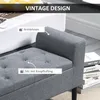 A close-up view of a gray upholstered bench with storage, highlighting its features with text overlays. Podgląd zdjęcia produktu