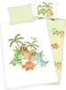 A children's bedding set with a dinosaur theme, featuring illustrations of dinosaurs, volcanoes, and palm trees. Náhled obrázku produktu