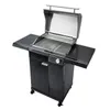 A black gas grill with the lid open, shown from a slightly elevated front-left angle against a white background. Produktbild-Vorschau