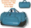 A teal duffel bag is shown from multiple angles, with text describing its features and dimensions. Náhľad obrázku produktu