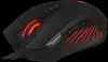 A black gaming mouse with red LED lighting against a black background. Produktbild-Vorschau