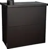 A black stove with a chimney pipe on top, shown from a front-side angle against a white background. Produktbild-Vorschau