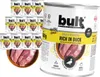 A stack of dog food cans and a bowl of raw meat. Podgląd zdjęcia produktu