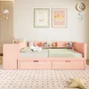 A pink children's bed with drawers and a shelf, set in a bedroom. Náhľad obrázku produktu