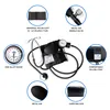 A flat lay of a manual blood pressure monitor with various components and features highlighted with text labels. Produktbild-Vorschau