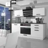 A modern white kitchen with a large window overlooking a city skyline at night. Produktbild-Vorschau