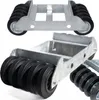 Two views of a metal transport trolley with multiple black wheels. Podgląd zdjęcia produktu
