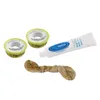 A set of plumbing supplies including two rolls of sealing tape, a tube of sealant, and a twisted piece of sealing string, arranged on a white background. Anteprima dell’immagine prodotto
