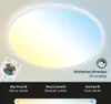 A circular LED panel light with a remote control, showing different color temperatures and dimming options. Produktbild-Vorschau