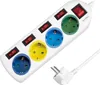 A white power strip with multiple outlets and switches, along with its plug, is shown against a white background. Náhled obrázku produktu