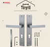 A product image showcasing door handles and their accessories against a light beige background with decorative squares. Produktbild-Vorschau