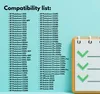 A list of compatible printer models is displayed on a light blue background, next to a stylized notepad with checkmarks. Produktbild-Vorschau