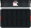 A top-down and side view of a black modular storage box with red handles. Voir les images du produit