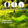 A green swing seat hanging from ropes in a grassy outdoor setting, with close-up insets showing details of the rope attachments. Anteprima dell’immagine prodotto