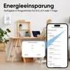 A person is using a smart thermostat app on their phone, with a smart thermostat mounted on the wall in the background. Produktbild-Vorschau
