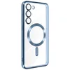 A clear, studio shot of a transparent phone case with blue trim and a magnetic ring. Produktbild-Vorschau