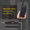 A collage of images showcasing a black Retevis RT622P walkie-talkie, highlighting its thinness and portability, with text overlays describing its features and dimensions. Produktbild-Vorschau