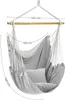 A gray fabric hanging chair with a wooden bar and white ropes, with measurement labels indicating its dimensions. Produktbild-Vorschau