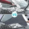 A split image showing two methods of dealing with snow on a car windshield. The top shows someone scraping snow off with a tool, and the bottom shows a protective cover being placed over the windshield. Podgląd zdjęcia produktu