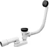 A white bathtub drain and overflow assembly with a black stopper and a flexible corrugated hose. Náhled obrázku produktu