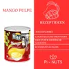 A can of mango puree with marketing text and graphics on a split background. Produktbild-Vorschau