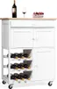A white kitchen cart with a wooden top, a drawer, two cabinet doors, and a wine rack is shown against a white background. A bottle of wine, a wine glass, and a container of cherries are placed on top of the cart. Produktbild-Vorschau