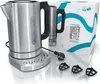 A stainless steel electric kettle and its packaging are displayed on a reflective white surface. Produktbild-Vorschau