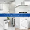 A collage of images showing different applications of an exhaust hose, including a bathroom, kitchen, portable air conditioner, and dryer. Produktbild-Vorschau