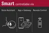 Diagram showing different ways to control a smart home device: voice assistant, app + gateway, and remote control. Produktbild-Vorschau