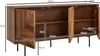 A wooden sideboard with its doors open, showing dimensions and internal shelving. Náhled obrázku produktu