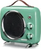 A mint green vintage-style fan heater with a brown leather handle and chrome accents. Náhled obrázku produktu