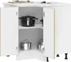 A white corner kitchen cabinet with doors open, showing pots and pans on shelves. Podgląd zdjęcia produktu