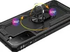 A black phone case with a ring holder is shown from a diagonal angle, with arrows and text indicating its 360 and 100 degree rotation capabilities. Produktbild-Vorschau