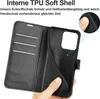 A hand holding an open black flip phone case, showing the interior card slots and the phone holder. Produktbild-Vorschau