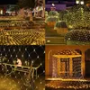 A collage of four images showcasing string lights in various settings: a garden, stairs with bushes, a table with a guitar, and an umbrella structure. Produktbild-Vorschau