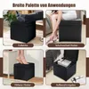 Collage of four images showing a black storage ottoman used as a footrest, shoe-changing stool, step stool, and storage box. Podgląd zdjęcia produktu