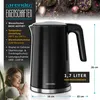 A black electric kettle is shown with product features listed in German text and dimensions indicated. A woman is also depicted holding a mug. Produktbild-Vorschau