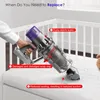 A hand holding a vacuum cleaner with labels pointing out issues. Voir les images du produit
