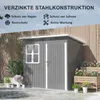 A dark gray garden shed with a window and double doors, set against a wooden fence and surrounded by plants and planters. It is raining. Produktbild-Vorschau