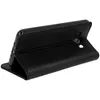A black flip case for a smartphone is shown from a side angle, propped up in a stand position. Náhled obrázku produktu