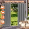 Outdoor curtains hanging on a porch or patio, with furniture visible in the foreground and a grassy yard in the background. Produktbild-Vorschau