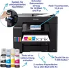 A black Epson EcoTank printer with various features highlighted by text and arrows. Náhľad obrázku produktu
