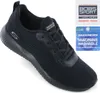 A black Skechers Bobs Squad sneaker is shown from a side angle against a white background. Two informational badges are present in the upper right corner. Náhled obrázku produktu