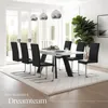 A modern dining room with a white table and black chairs, set on a plush rug. Náhled obrázku produktu