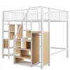 A white metal loft bed with integrated shelving and a closet space, shown from a slightly elevated side angle against a white background. Voir les images du produit