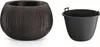 Two black containers are shown against a white background. The container on the left is a round planter with vertical ridges. The container on the right is a bucket with handles. Produktbild-Vorschau
