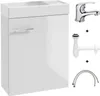 A white bathroom vanity with a sink, faucet, and plumbing parts displayed next to it. Produktbild-Vorschau